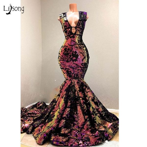 

2019 sparkly galaxy color sequined mermaid prom dresses deep v-neck long prom gowns real image party dress, White;black