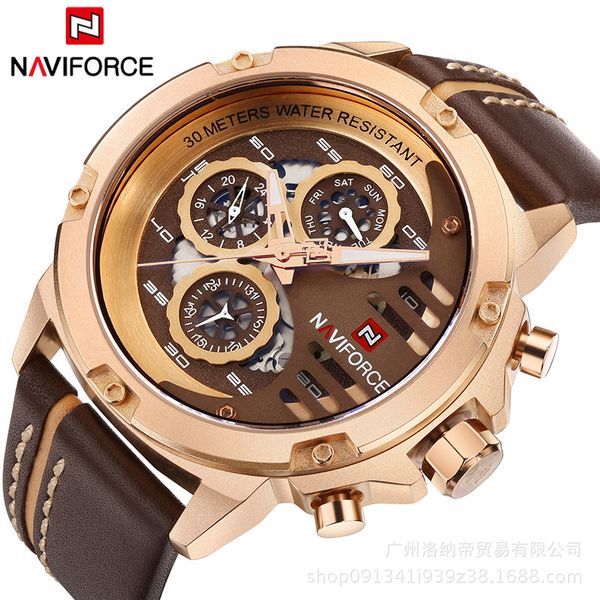 

naviforce топ вскользь кожаный пояс мужчины кварцевые часы отображение календаря бизнес водонепроницаемые наручные часы relogio, Slivery;brown
