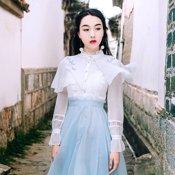 

p shoot spring and summer women's dress retro embroidery dress mock two-piece long sleeve chiffon skirt literature and art, White;black