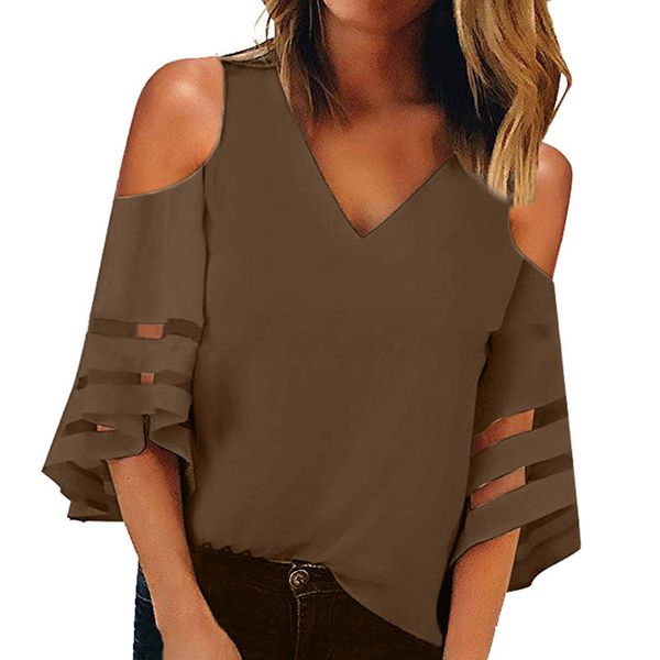 

women's ladies blouse club cold shoulder casual v neck boho summer blouse, White