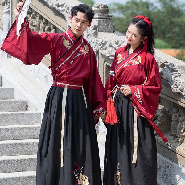 

p shoot new style origional chinese clothing wide sleeves cross collar jacket skirt set knight scholar antique style couples, Black;red