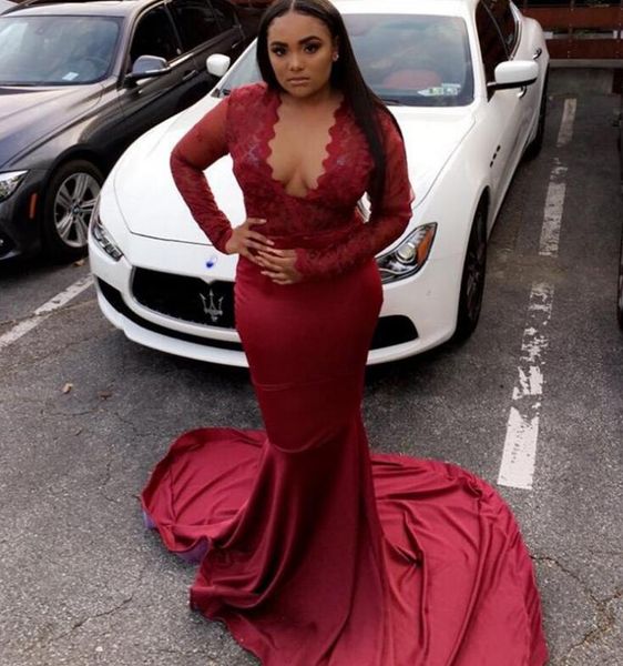 

burgundy prom dresses long mermaid lace appliques stretchy fabric sweep train african black girls party evening gowns