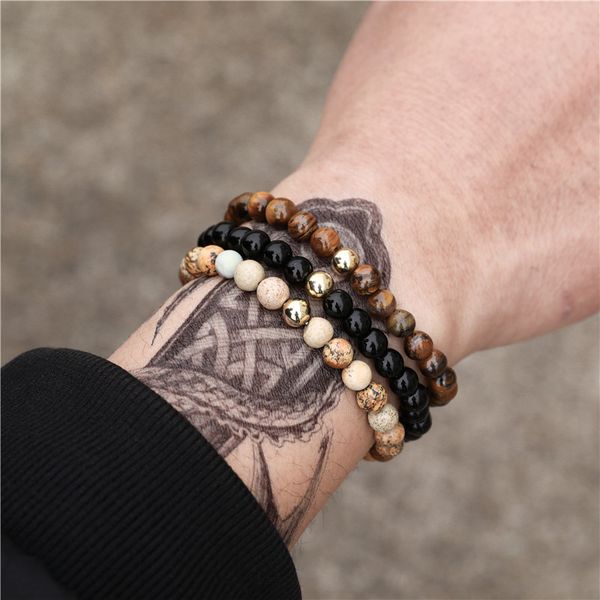 

charm bracelets classic 6mm onyx & tiger eye stone accessories beads men bracelet sets hand jewelry strand for women, Golden;silver