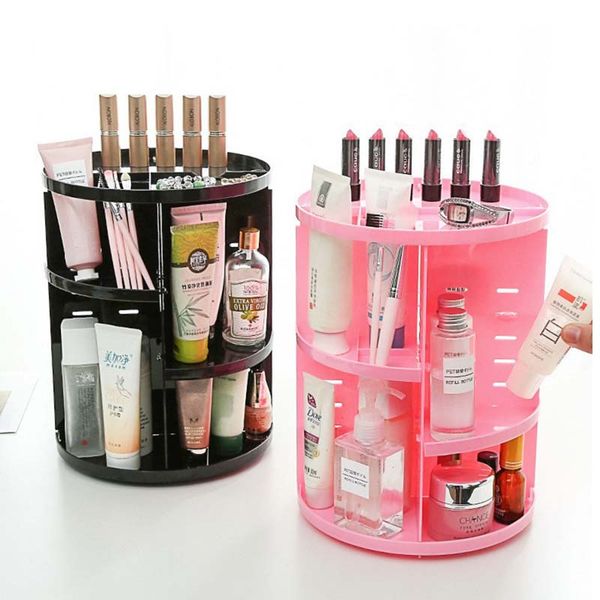 

360 degree rotation plastic storage rack black/white/pink color deskcosmetics organizer multi function box holder for women girls