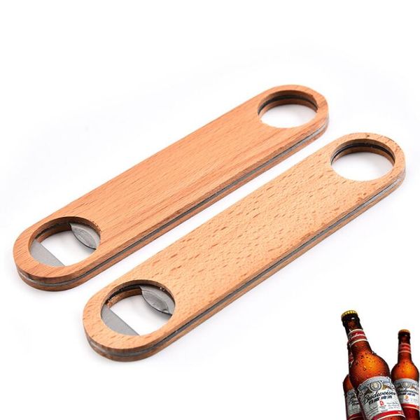 stock Apribottiglie piatto in legno per birra Manico in legno Acciaio inossidabile Vino Birra Soda Tappo in vetro Apribottiglie Cucina creativa Utensili da bar LX1861