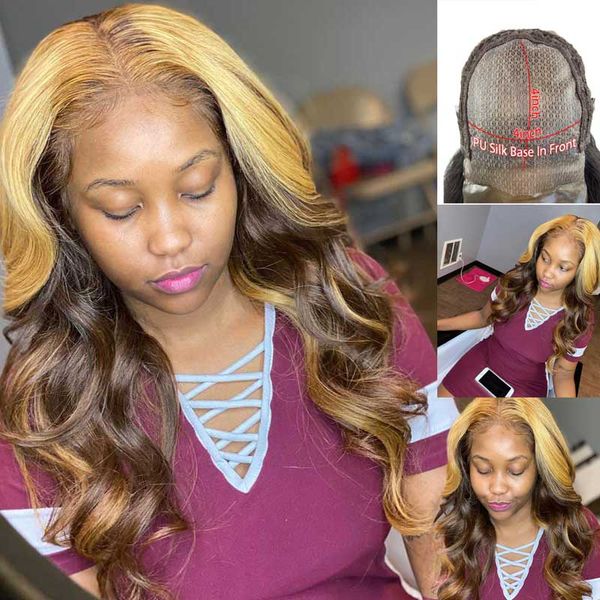 

wavy pu silke base wig 4*4 silk lace closure brazilian remy bleached knots ombre highlight human hair wigs glueless, Black;brown