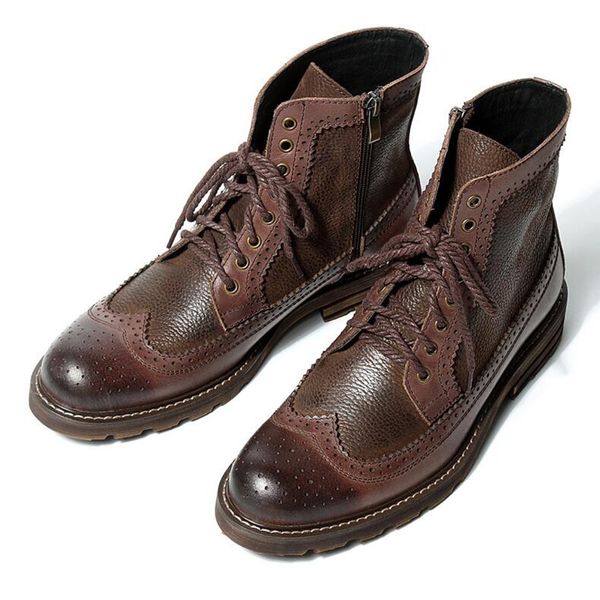

us6-10 british style mens genuine leather lace up brogue boots casual wingtip winter fur lined fretwork boots