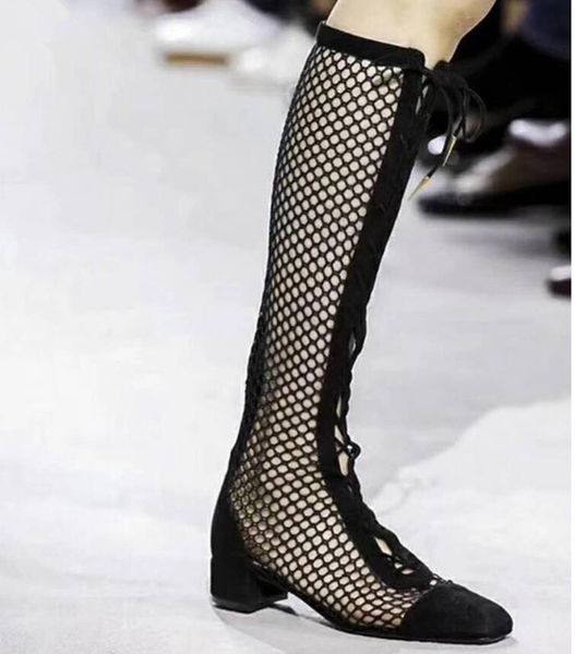 

summer women plus size 44 fashion runway knee high fishnet boots sandals cross net tied cut outs thick low heels lace up shoes, Black