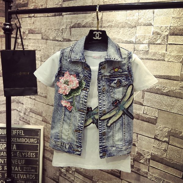 

spring autumn women's personality hole ripped jeans vest casual waistcoat students lotus dragonfly embroidered jacket denim coat, Black;white