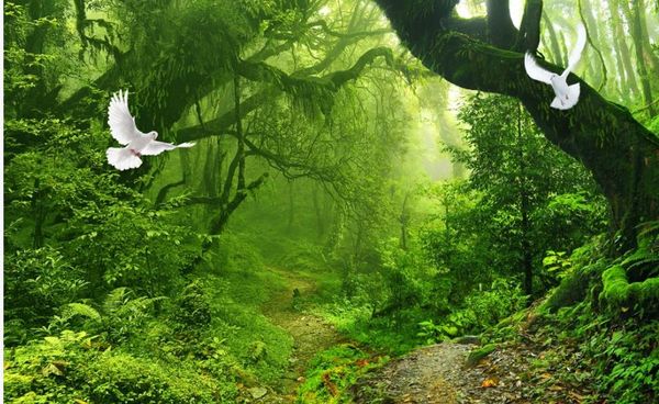 Moderne Tapete für Wohnzimmer Frische grüne Handgemalte Wald Wald Landschaft Hintergrund Wand