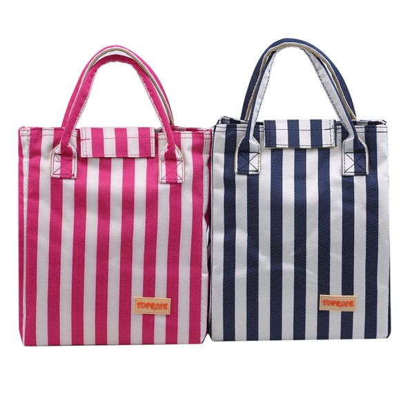 

досуг женщины портативный обед мешок холст полоса изолированные сумки-охладители тепловой пикник дети ланч-бокс сумка тотализатор, Blue;pink