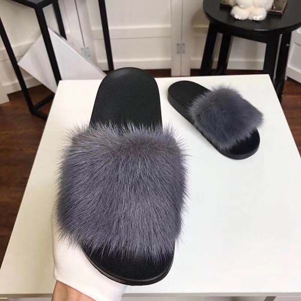 

2020new real designer fur slippers fashion womens summer slides flip flops popular fluffy fur sandals beach shoes, Black