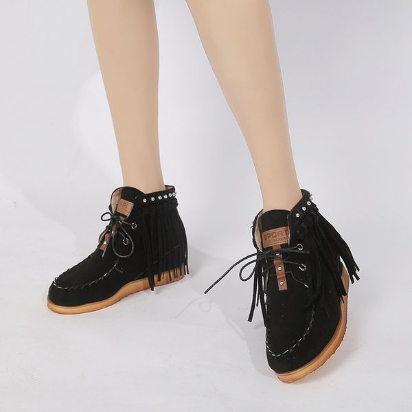 

new autumn and winter leather women's boots fringed frosted leather flat bottom plus velvet short boots oversized j12-48, Black