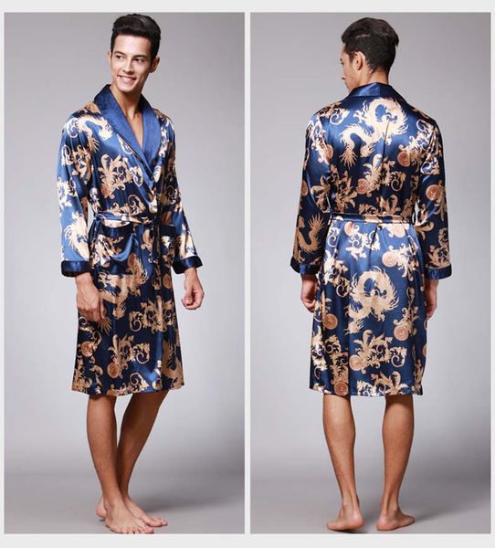 

new dragon pattern man-made silk men's night-robe spring autumn sleepwear long nightwear soft nightgown comfy homewear bathrobe, Black;brown