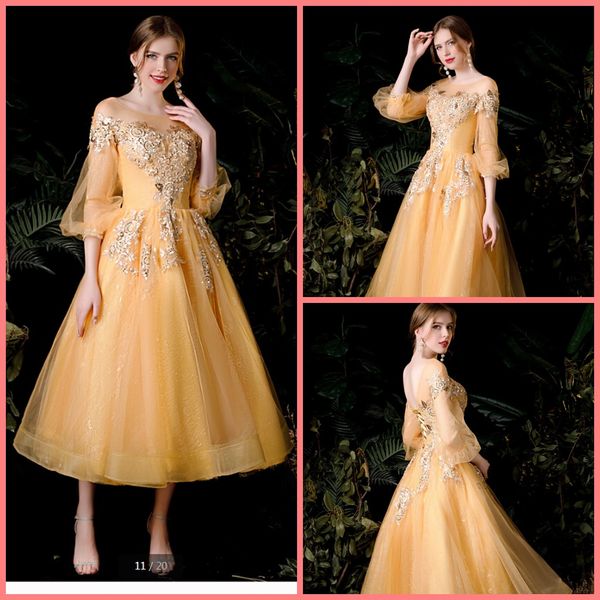 

2020 new arrival gold lace short prom dress modest 3/4 sleeve lace appliques tea length prom gowns informal cocktail party dresses, Black