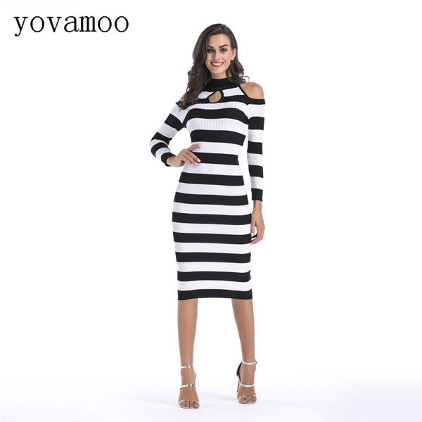 

yovamoo 2018 spring and autumn medium length strapless hollow out sweater knitted dress slim hip striped dresses women, White;black
