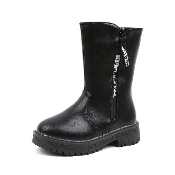 

kids girls mid-calf leather boots chilodren winter snow boots with zipper child fashion pure black non-slipsj017, Black;grey