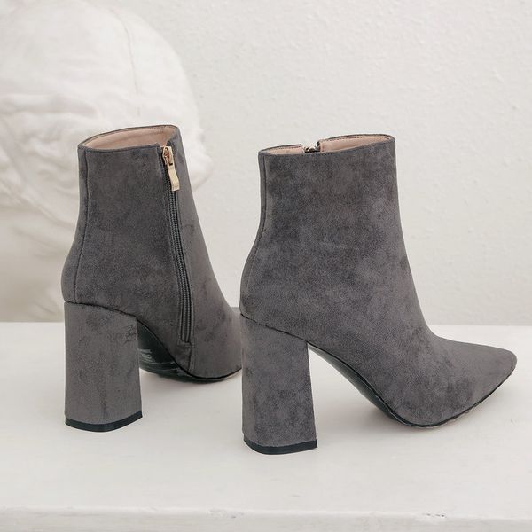 

2019 женщин сапоги мода искусственной замши ботильоны квадратный высокий каблук осень женщина pinted toe молния зима плюшевые женская обувь, Black