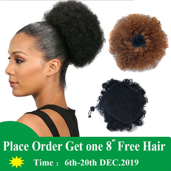 

synthetic kinky curly drawstring ponytail extensions afro puff chignon pony tail hair pieces with clips on ponytal, Black;brown