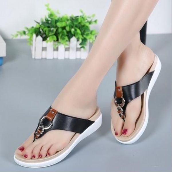

fashion female summer non-slip beach shoes thick bottom slippers women clip toe flip flops middle heel flat bottom sandals, Black