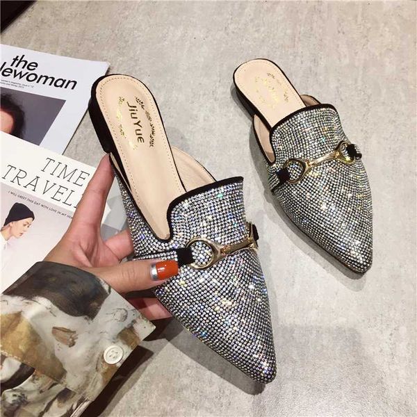 

2020 new british style bling crystal women slippers flat heels pointed toe buckle strap outside ladies slides mules, Black