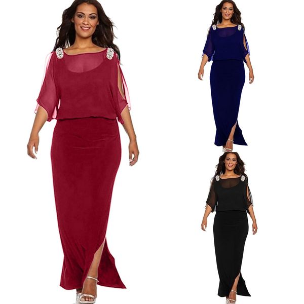 

2019 new fashion women ladies solid color half sleeve slit long dress plus size casual o-neck floor-length dress for female, Black;gray