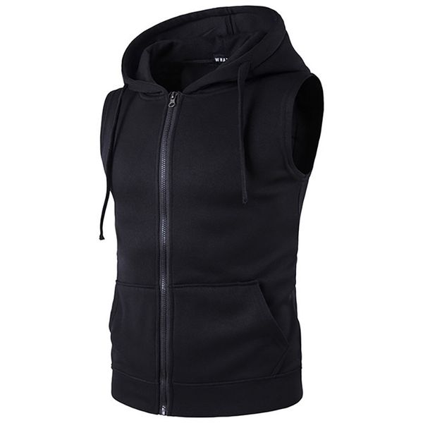 

new sweatshirt autumn men's hooded zipper pocket men vest vest solid color hooded sleeveless men hoodie streetwear hip hop, Black