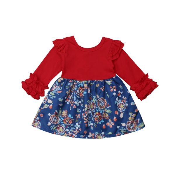 

Newborn Kids Baby Girls Ruffles Autumn Red Floral Long Sleeve Party Pageant Fashion Tutu Dress High Waist Mini Dress Clothes