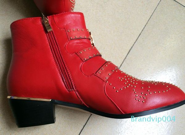 

2019 genuine leather susanna thick heel rivet pointed toe studded ankle boot women autumn winter female boots, Black