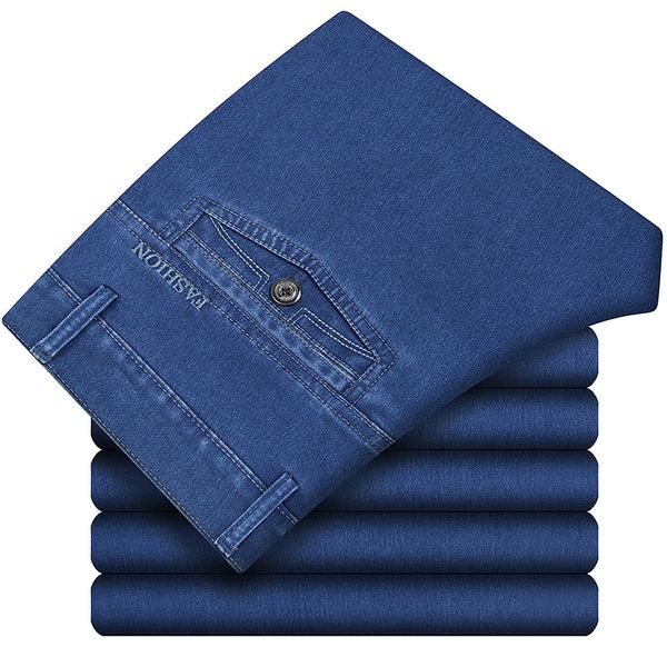 

spring and summer thin middle-aged jeans men loose straight casual pants dad high-waisted elasticity combed cotton trousers, Blue