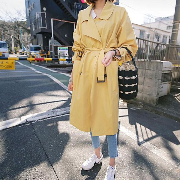 

windbreaker female long section korean version of spring and autumn 2019 new yellow thin coat spring and autumn wild short knees, Tan;black