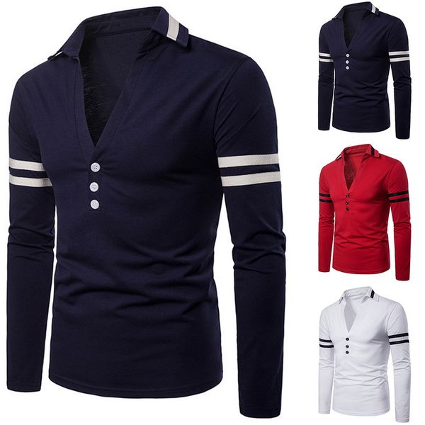 

2019 mens knitted sweater men solid deep v neck casual button turndown collar long sleeve striped pullover pull sweaters roupas, White;black