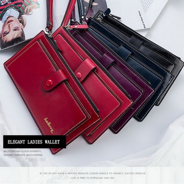 

women's card bag with oil wax buckle long paragraph simple multi-card wallet leather wallet new, Red;black