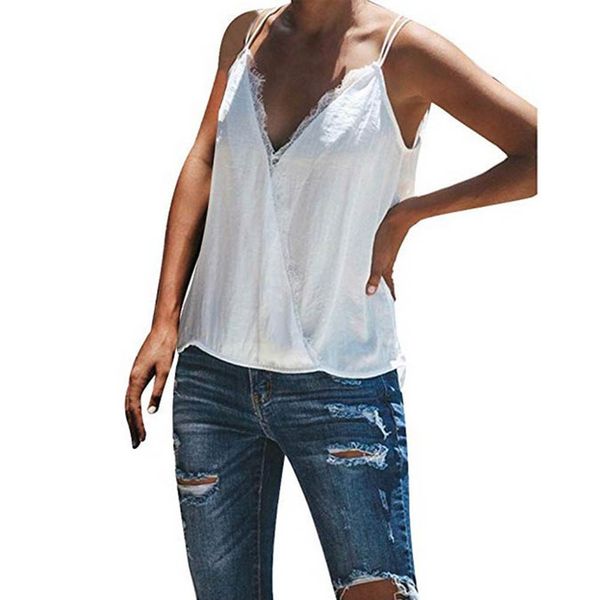 

women v-neck sling lace backless cross strap summer vest sleeveless camis t-shirt tank sling shirts strap famale #20, White