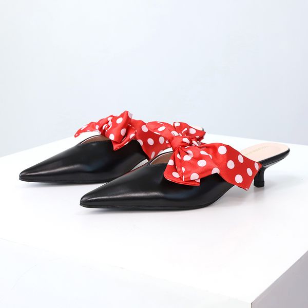 

polka dot bow knot mules women shoes fashion leather pointed toe slippers shallow 3cm heels slides zapatos mujer black white
