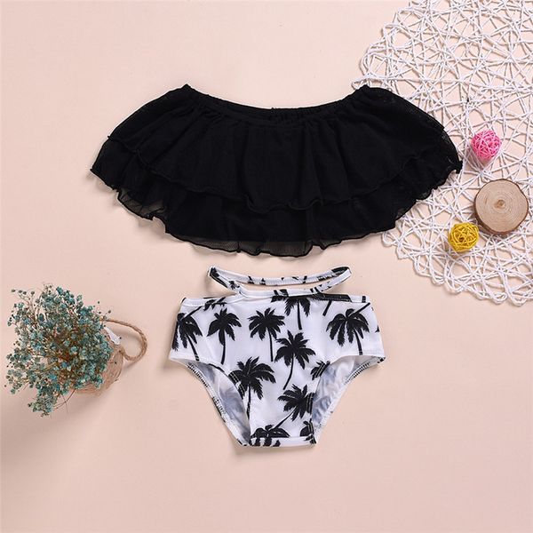 

baby swimwear for pool children girl summer off shoulder ruffle printed bikini sweet lovely swimsuit set fashion tulle beachwear, White