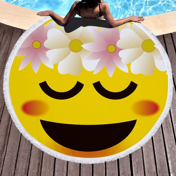 Acheter Serviette De Plage Ronde Mignonne Drôle En Microfibre Emoji Creative Beach Serviette De Couverture Imprimée Frange Surdimensionné Glands