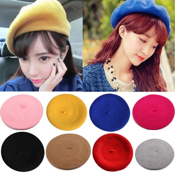 

winter warm faux wool beret women girls french artist beanie hat cap red black purple beige orange kawaii flat caps warmers, Blue;gray