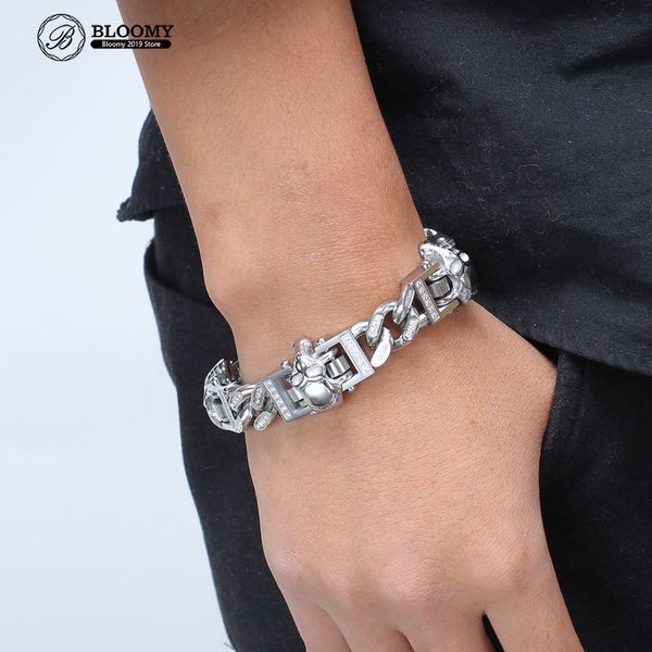 

hip-hop skull charm bracelet men 20cm stainless steel & cubic zircon gold/silver cuban chain pulsera jewellry 2020, Black