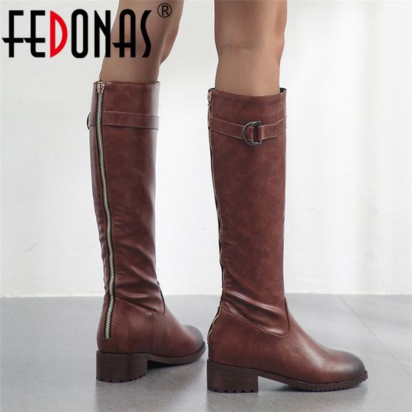 

fedonas 2020 round toe high heels microfiber leather women knee high boots zipper long boots riding party shoes woman, Black