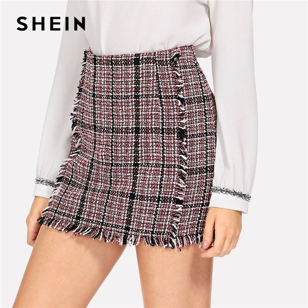 

shein multicolor office lady elegant frayed edge trim plaid tweed mid waist skirt autumn highstreet fashion women skirts, Black