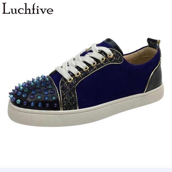 

rivets men shoes classic round toe lace up outwear sequins thick bottom blue casual shoes men, Black