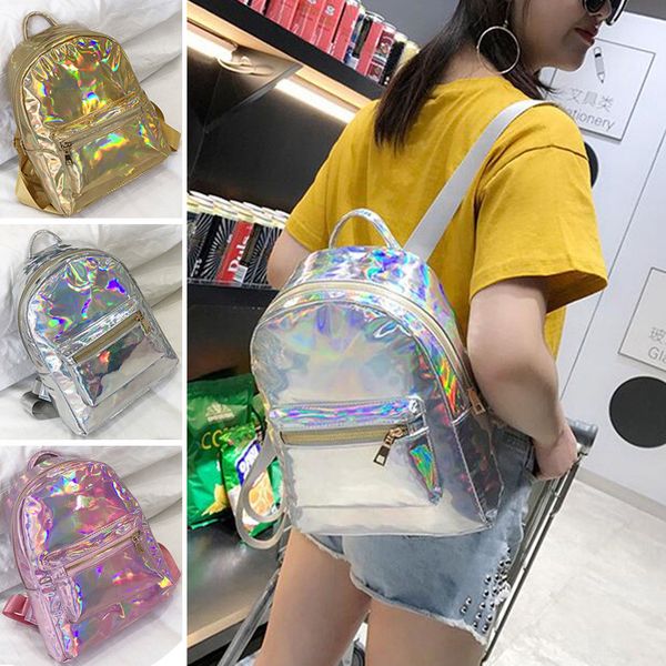 

new style women holographic gamma ray hologram backpack shoulder bag travel school handbag pu leather fashion sequined backpacks