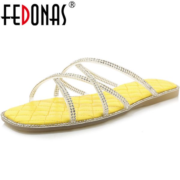 

fedonas solid color half slippers women sandals 2020 new flat heels summer shoes woman sweet glitters rhinestone shoes woman, Black