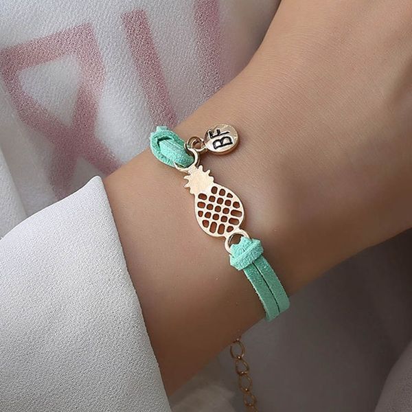 

new new simple hollow pineapple letter bf round pendant double leather velvet rope bracelet for women drop shipping, Golden;silver