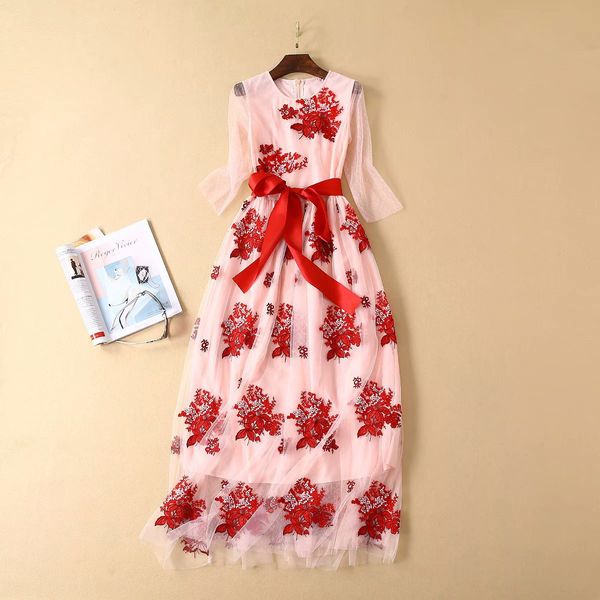 

european and american women's clothing 2019 summer new style fashionable mesh embroidery dress with cropped sleeves round neck, Black;gray