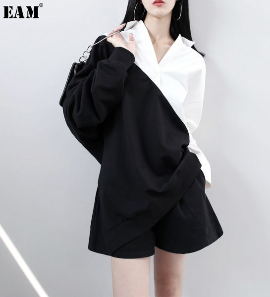 

eam] 2020 весна нагрудные с длинным рукавом сплошной цвет черный белый split совместное сыпучие большой размер толстовка женщины fahion tid, Black