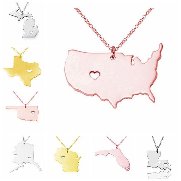 

us state map pendant necklace stainless steel rose gold with love heart usa state geography map necklaces charm jewelry gold women and men, Silver