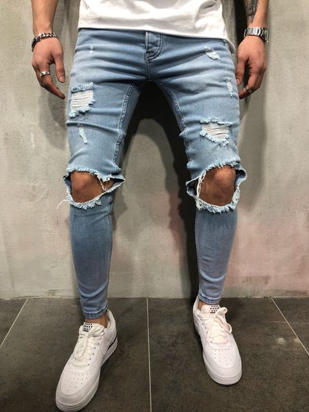 

hi street skateboard holes designer jeans mens slim fit teenager boy hiphop ripped jean pants, Blue