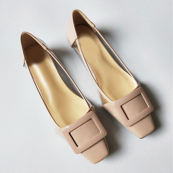 

2020 pointed toe women shoes shallow mouth flat shoes square head square buckle thick heel breathable women's party shoe, Black